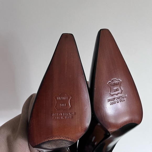 Stuart Weitzman Leopard Patent Leather Stiletto Pointy Toe Pumps - Picture 10 of 14